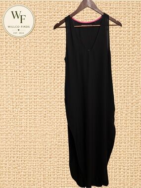 EINI Black Maxi Dress Small Sleeveless V-Neck Side Slit Pink Trim